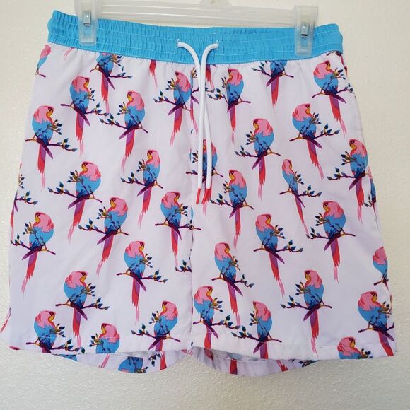 Public Record Mens M Swim Shorts Drawstring Multi Sitting Parrots Print Venice - Picture 1 of 16